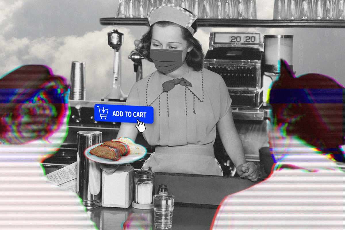 waitress in mask handing plate of food to customers