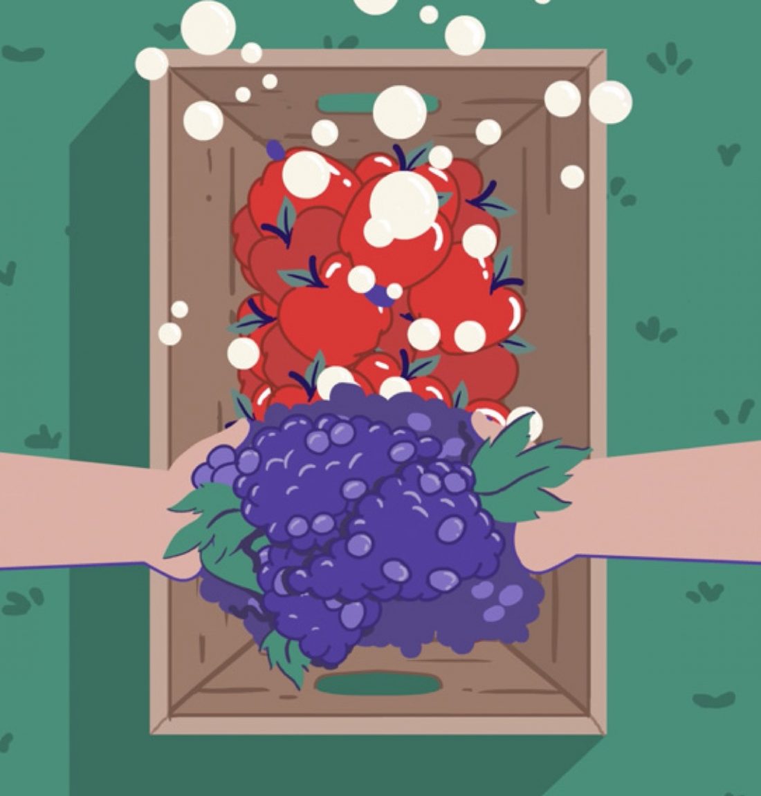 animated still of a crate of grapes and apples